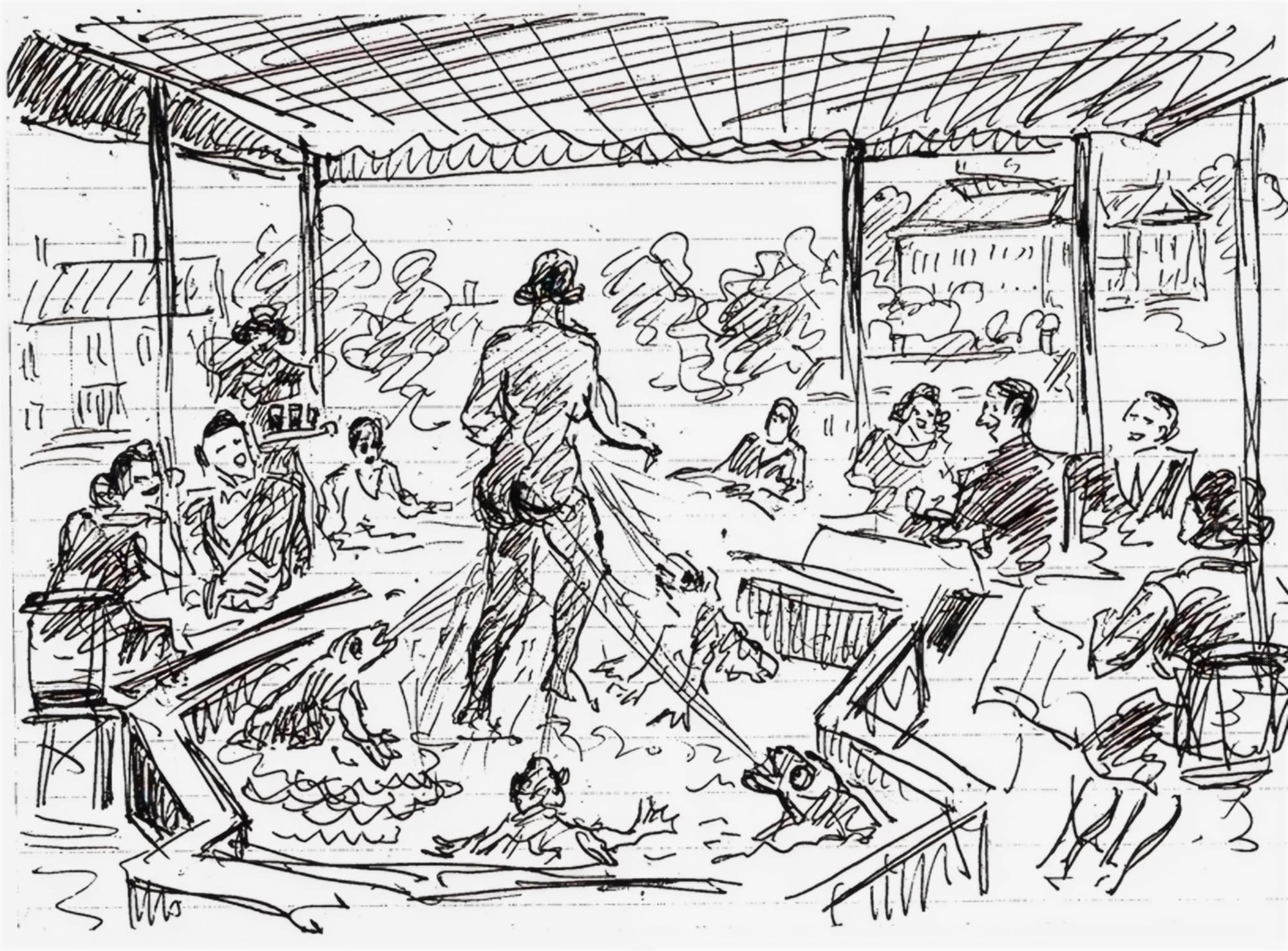 En typisk Anders Tagnan-strek. Her har Tagnan tegnet kunder som koser seg på terrassen, og legg merke til at dette er før terrassen ble bygd inn. I bakgrunnen ser vi Eidsvollsbygningen. En typisk Anders Tagnan-strek. Her har Tagnan tegnet kunder som koser seg på terrassen, og legg merke til at dette er før terrassen ble bygd inn. I bakgrunnen ser vi Eidsvollsbygningen.