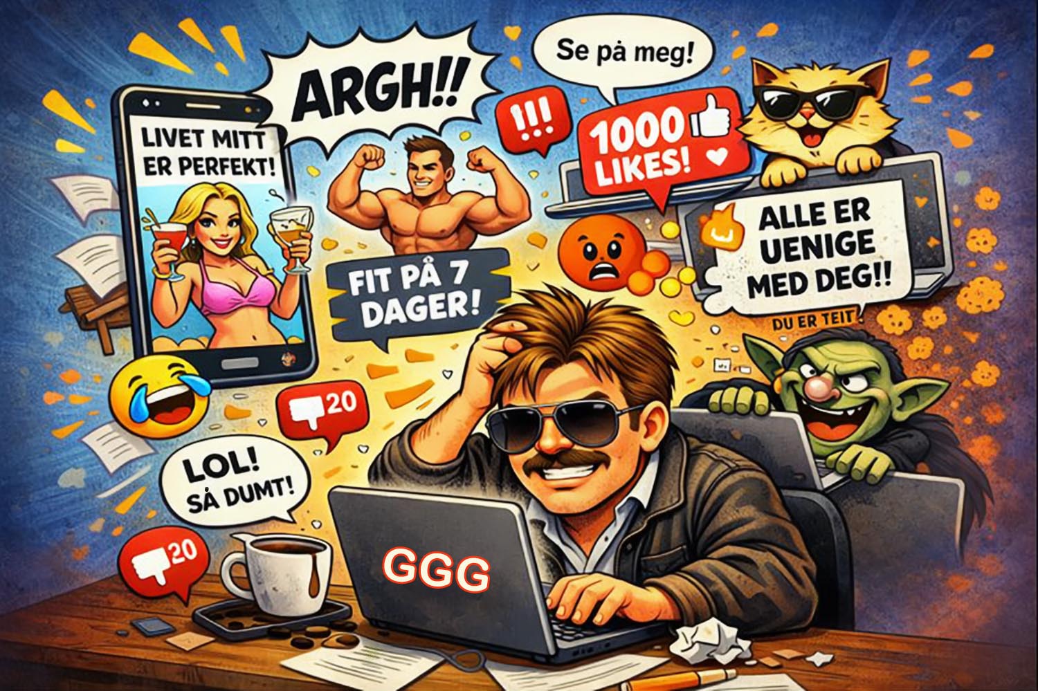 Dette bildet er laget av ChatGPT, men den lettere frustrerte fyren i illustrasjonen har utgangspunkt i et halvgammelt bilde av Rune